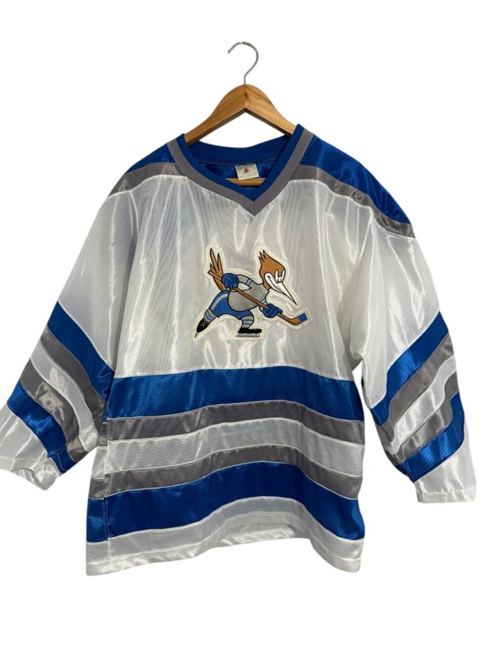 Vintage Ice Sheen by Hali Woodpecker Hockey Jersey White Blue Silver Adult M
